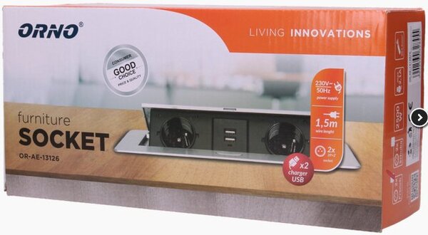 Výklopný blok zapuštěný ORNO OR-AE-13126/G, 2x 230V a 2x USB, stříbrný