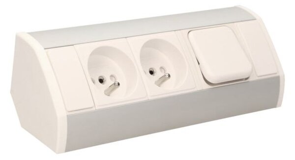 Nábytková zásuvka s vypínačem ORNO OR-GM-9002/W-G, rohové pouzdro, 2x, barva bílo-stříbrná