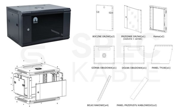 RACK skříň závěsná NEKU 19" 9U 600mm, dveře sklo, k samosestavení, černá