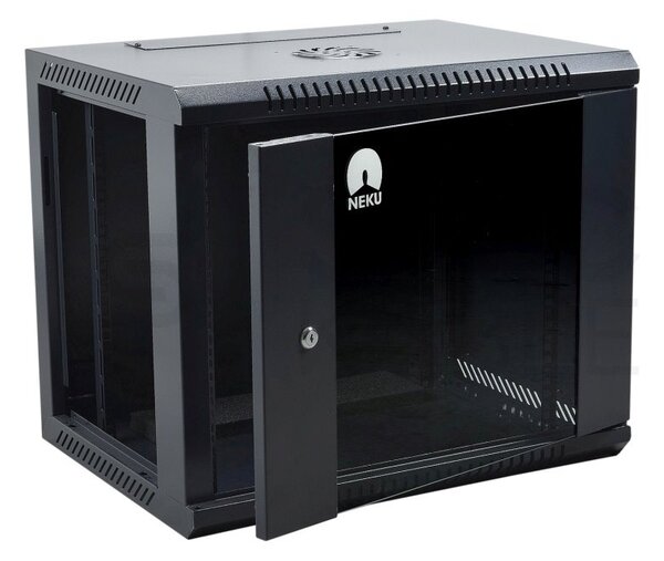 RACK skříň závěsná NEKU 19" 9U 600mm, dveře sklo, k samosestavení, černá