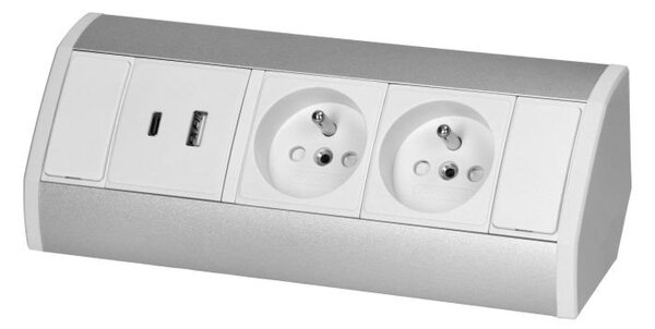 Povrchová zásuvka ORNO OR-GM-9039/W-G, rohové pouzdro, 2x 230V, 2x USB (A+C type; 2.4A), barva bílá-stříbrná