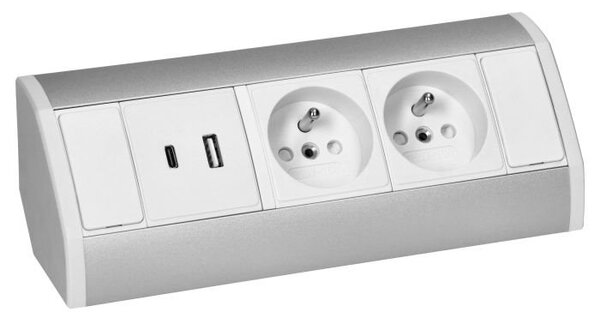 Povrchová zásuvka ORNO OR-GM-9039/W-G, rohové pouzdro, 2x 230V, 2x USB (A+C type; 2.4A), barva bílá-stříbrná