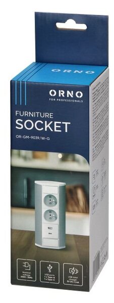 Povrchová zásuvka ORNO OR-GM-9039/W-G, rohové pouzdro, 2x 230V, 2x USB (A+C type; 2.4A), barva bílá-stříbrná