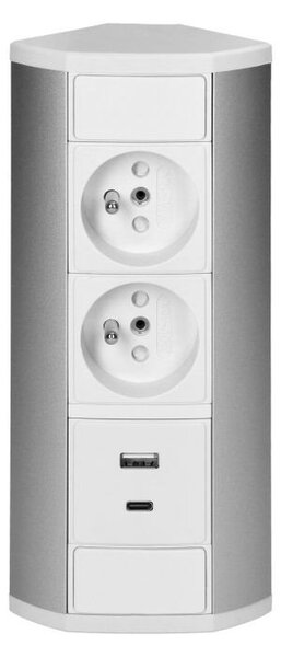 Povrchová zásuvka ORNO OR-GM-9039/W-G, rohové pouzdro, 2x 230V, 2x USB (A+C type; 2.4A), barva bílá-stříbrná