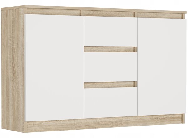 Komoda Framire 120 cm 2 dvířka 3 zásuvky laminovaná deska bílý dub sonoma