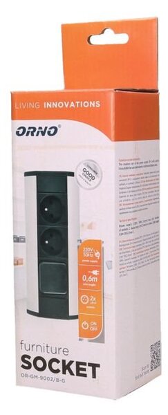 Nábytková zásuvka s vypínačem ORNO OR-GM-9002/B-G, rohové pouzdro, barva černo-stříbrná