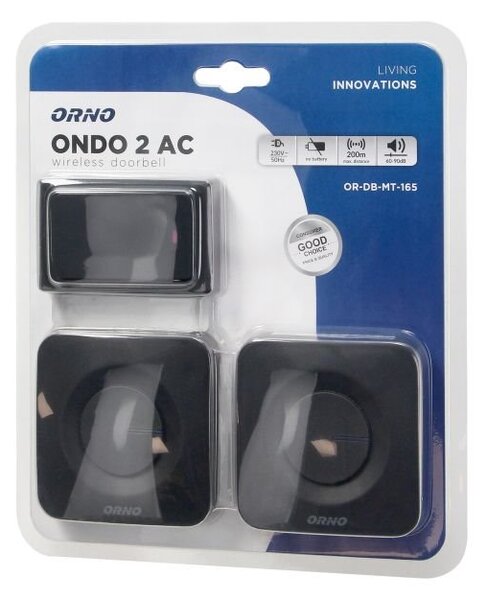 Bezdrátový zvonek 2x přijímač + 1x tlačítko ORNO OR-DB-MT-165, dosah až 200m, černá