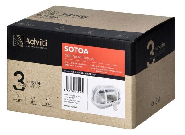 Stropní venkovní svítidlo Adviti SOTOA , E27, max. 15W, IP54, bílé