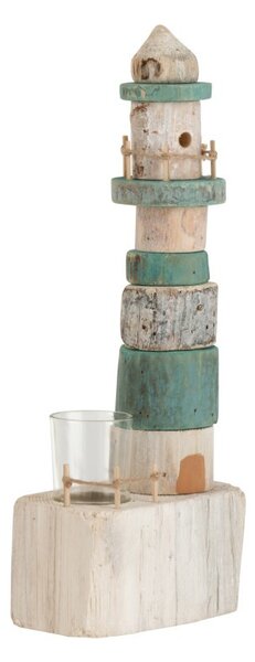 Dřevěný modro bílý svícen maják na jednu čajovou svíčku 14*9*38 cm