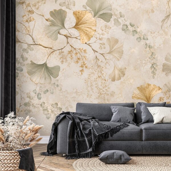 Tapeta zlaté listy ginkgo v glamour stylu