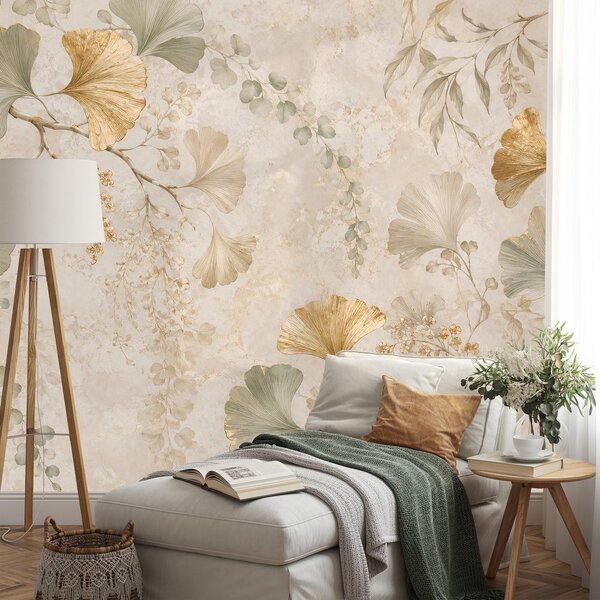 Tapeta zlaté listy ginkgo v glamour stylu