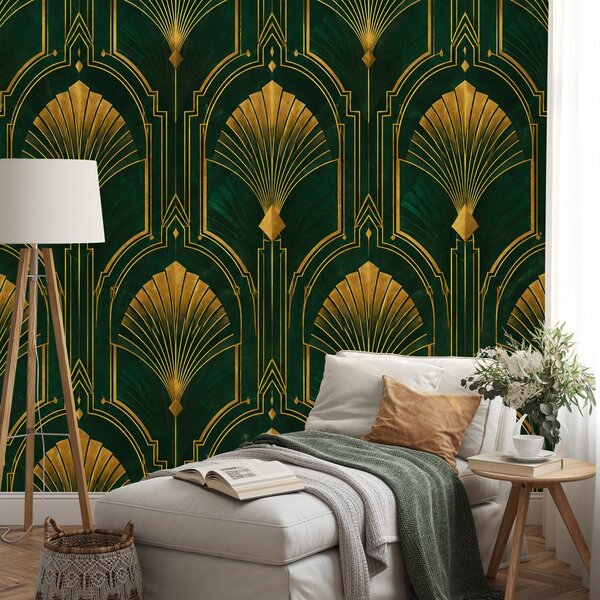 Fototapeta zlaté art deco vějíře na zelené