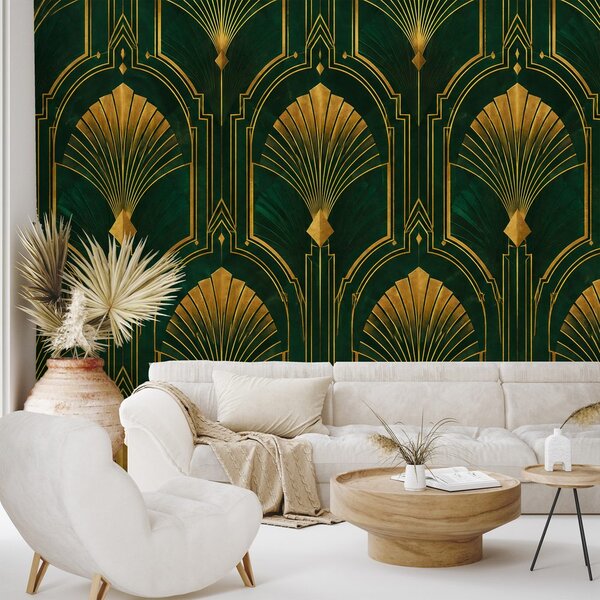 Fototapeta zlaté art deco vějíře na zelené