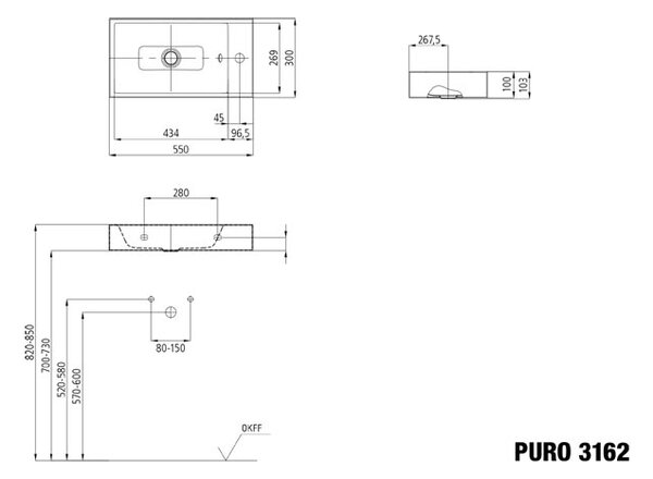 Kaldewei Puro - Umyvátko na zeď 550x300 mm bez přepadu, 1 otvor pro baterii na pravé straně, Perl-Effekt, alpská bílá 901206303001