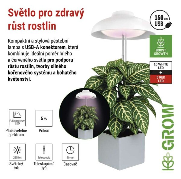 EMOS LED GROW pěstební lampa 5W, časovač, bílá
