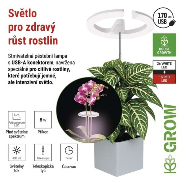 EMOS LED GROW pěstební lampa 8W, časovač, stmívatelná, bílá