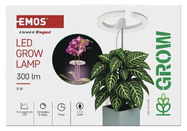 EMOS LED GROW pěstební lampa 8W, časovač, stmívatelná, bílá