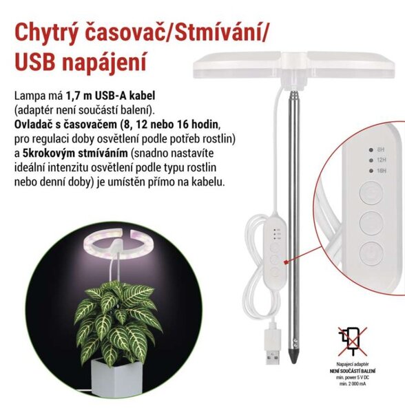 EMOS LED GROW pěstební lampa 8W, časovač, stmívatelná, bílá