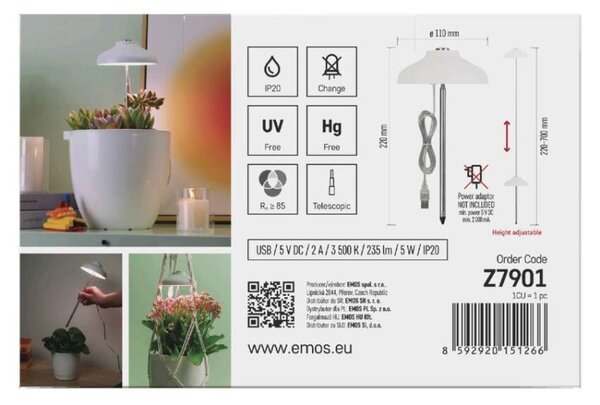 EMOS LED GROW pěstební lampa 5W, časovač, bílá