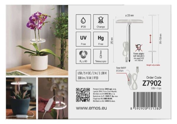 EMOS LED GROW pěstební lampa 8W, časovač, stmívatelná, bílá