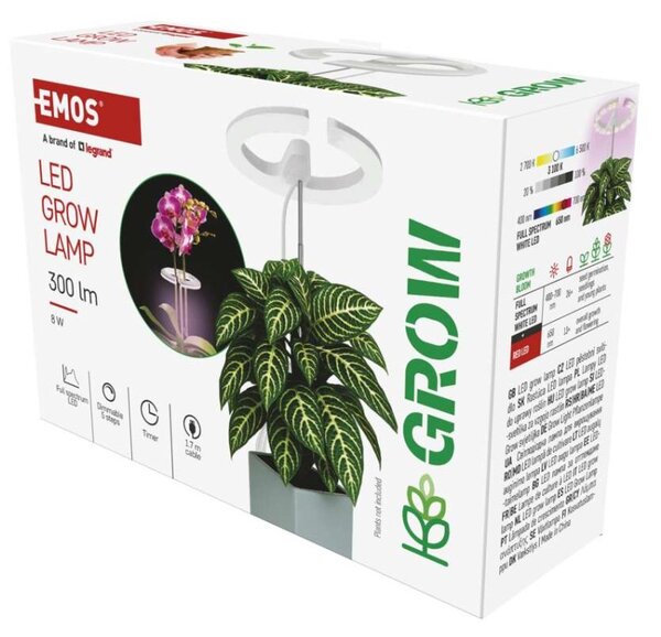 EMOS LED GROW pěstební lampa 8W, časovač, stmívatelná, bílá