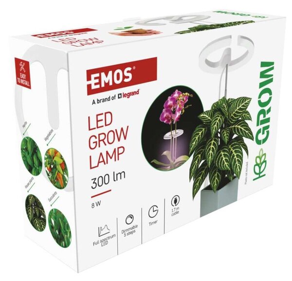 EMOS LED GROW pěstební lampa 8W, časovač, stmívatelná, bílá