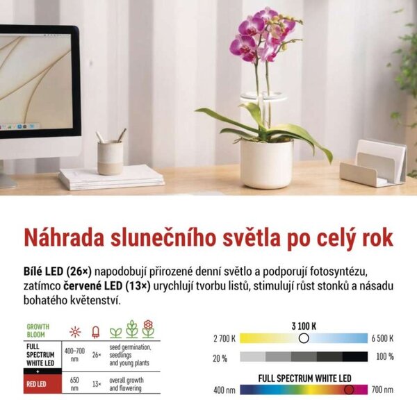 EMOS LED GROW pěstební lampa 8W, časovač, stmívatelná, bílá