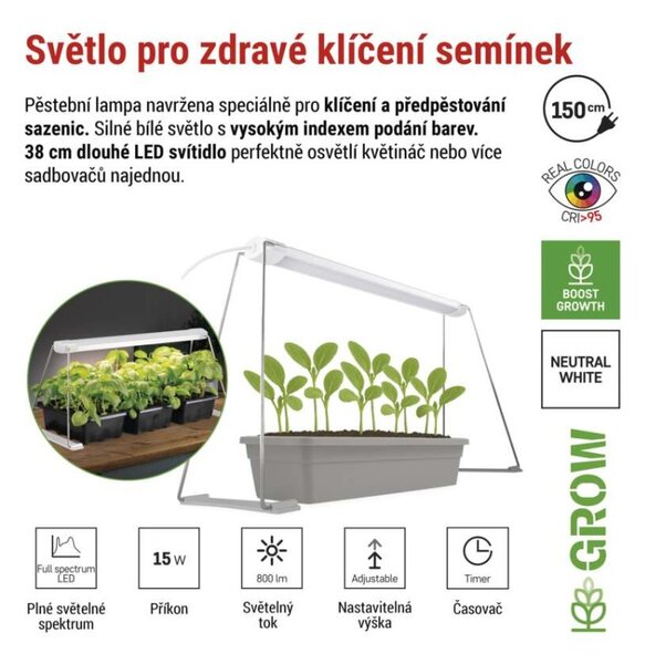 EMOS LED GROW pěstební lampa na sazenice 15W, časovač, bílá