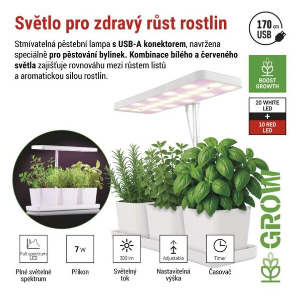 EMOS LED GROW pěstební lampa 7W, časovač, stmívatelná, bílá