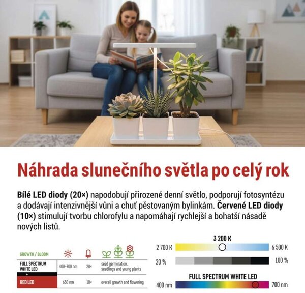 EMOS LED GROW pěstební lampa 7W, časovač, stmívatelná, bílá