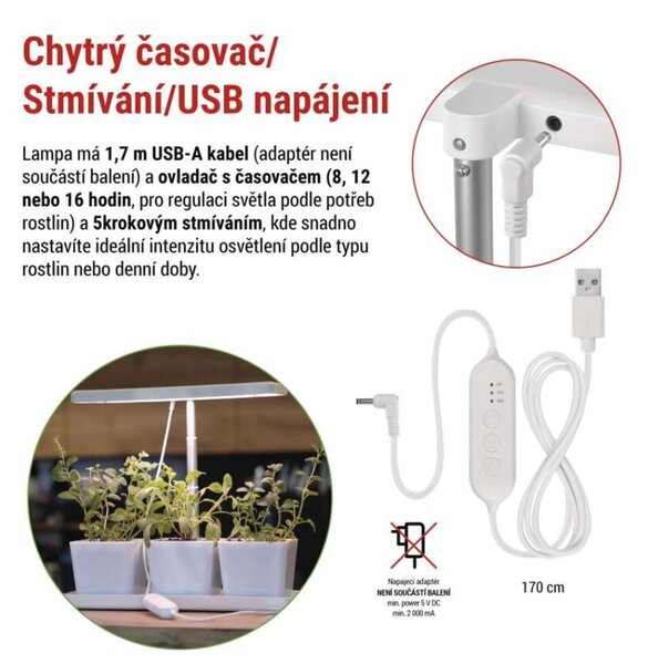 EMOS LED GROW pěstební lampa 7W, časovač, stmívatelná, bílá