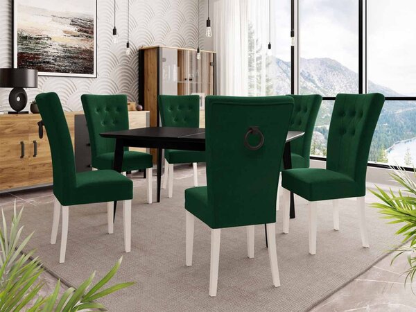 Rozkládací stůl 140x80 se 6 židlemi ST67, barva: černá, barva: bílá, Klepadlo: zlaté, Potah: Magic Velvet 2250 5903211163326