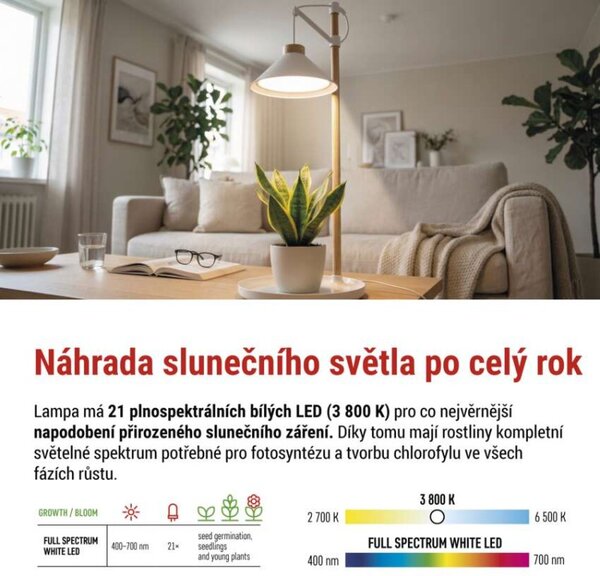 EMOS LED GROW pěstební lampa 7 W, časovač, bílá 1538900050