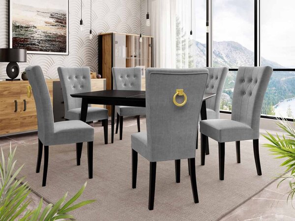 Rozkládací stůl 140x80 se 6 židlemi ST67, barva: černá, barva: bílá, Klepadlo: zlaté, Potah: Magic Velvet 2250 5903211163326