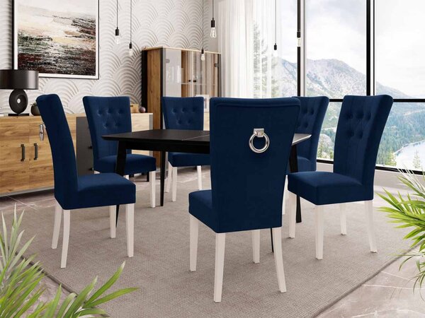 Rozkládací stůl 140x80 se 6 židlemi ST67, barva: černá, barva: bílá, Klepadlo: zlaté, Potah: Magic Velvet 2250 5903211163326
