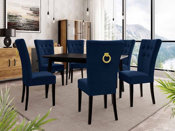 Rozkládací stůl 140x80 se 6 židlemi ST67, barva: černá, barva: bílá, Klepadlo: zlaté, Potah: Magic Velvet 2250 5903211163326
