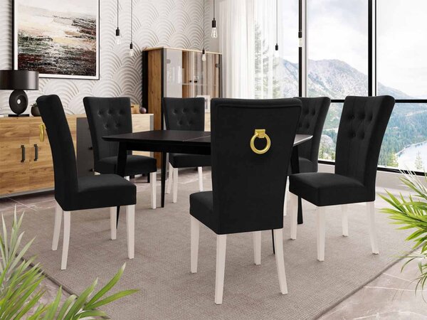 Rozkládací stůl 140x80 se 6 židlemi ST67, barva: černá, barva: bílá, Klepadlo: zlaté, Potah: Magic Velvet 2250 5903211163326