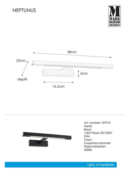 Černé LED nástěnné svítidlo (délka 38 cm) Neptunus – Markslöjd