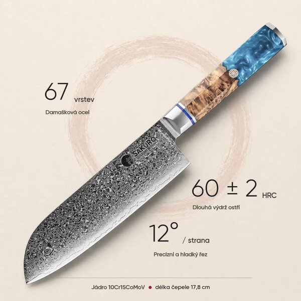 Santoku nůž z damaškové oceli SaKuRo Blue 17,8 cm