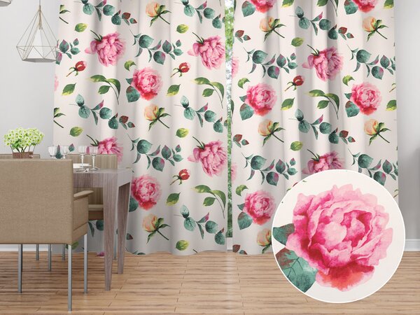 Biante Bavlněný závěs Sandra SA-715 Velké růžovočervené pivoňky na smetanovém 150x140 cm