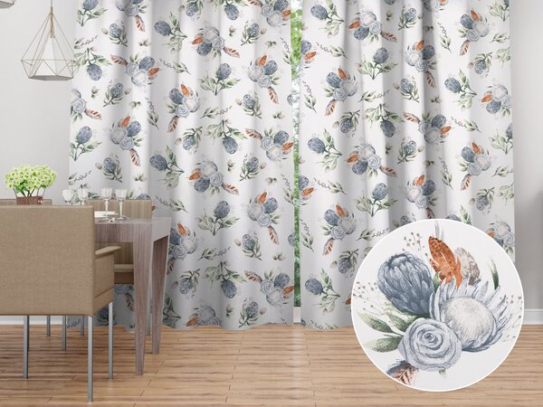 Biante Bavlněný závěs Sandra SA-707 Modré květy Protea na bílém 150x140 cm