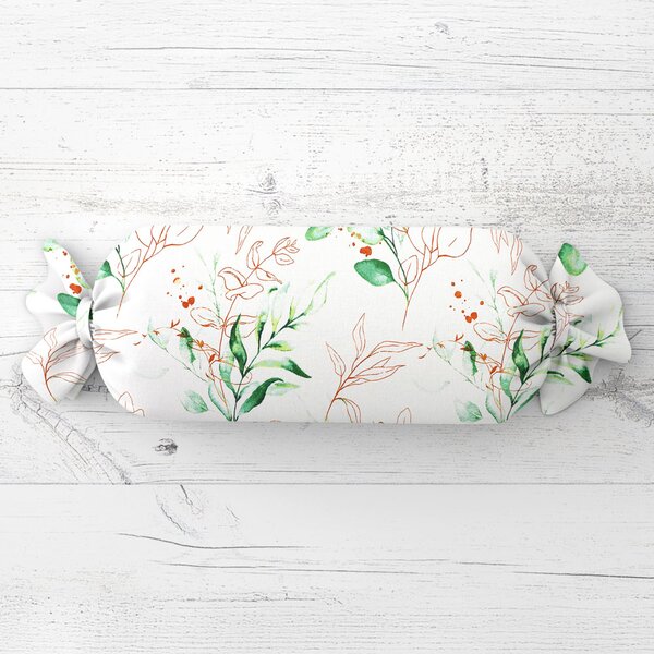 Biante Polštář válec bonbon Sandra SA-706 Zeleno-hnědé větvičky s lístky na bílém 15x40 cm