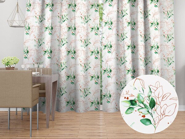 Biante Bavlněný závěs Sandra SA-706 Zeleno-hnědé větvičky s lístky na bílém 150x140 cm