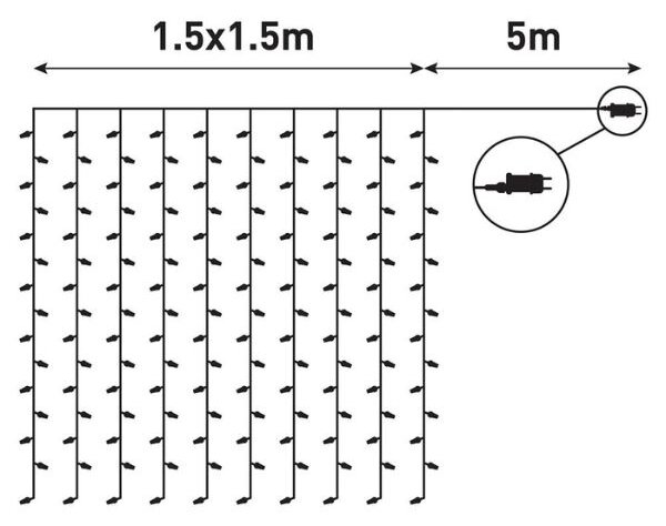 LED vánoční závěs 1,5m x 1,5m, venkovní, teplé světlo, 150 LED, 3,6W, do zásuvky, 8 režimů