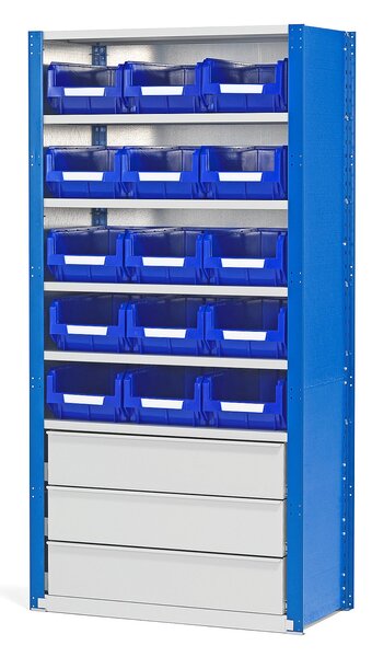 AJ Produkty Regál s plastovými boxy APART + MIX, 2100x1000x500 mm, 15 boxů, 3 zásuvky