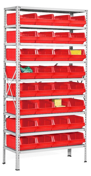 AJ Produkty Regál s plastovými boxy Power + AJ 9000, 32 červených boxů, 1970x1000x400 mm