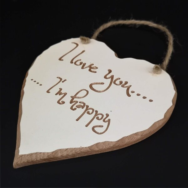 AMADEA Dřevěné srdce s rytým textem - I love you..I´m happy, masivní dřevo, 16x15x1 cm