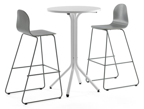 AJ Produkty Sestava VARIOUS + GANDER, stůl Ø700x1050 mm, bílá + 2 barové židle, zelenošedá