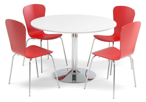 AJ Produkty Jídelní set LILY + MILLA, stůl Ø 1100 mm, bílá/chrom + 4 židle, červené