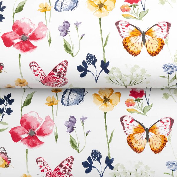 PVC ubrus Jarní květiny s motýlky na bílém PV-097 - metráž š. 140 cm